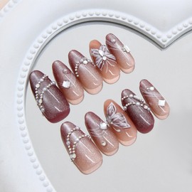 Almond Press on Nails Medium Fake Nails with Designs Pearl Rhinestone Stick on Nail Butterfly Acrylic False Nail Reusable Artificial Nail Full Cover Glue on Nails for Women