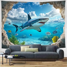 FENDROM Blue Ocean Shark Tapestry Tropical Fish and Coral in Undersea Deep Abyss With Blue Sunlight Landscape Wall Hanging for Bedroom Living Room Kids Tree Dorm Party Decor