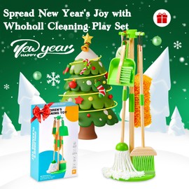 WHOHOLL Kid Cleaning Set, Wooden Toddler Broom Set for Housekeeping, 8 Pcs Kids Broom and Mop Set for Toddlers, Baby Cleaning Toys with Dustpan Sponge, Play Set for Boys and Girls (Green)