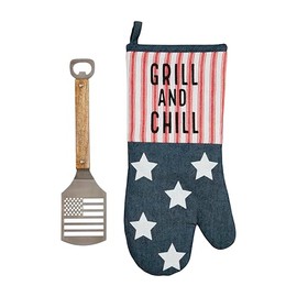 Mud Pie 15" x 7" | spatula 12" Denim Grill Mitt Set, Blue