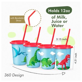 Dinosaur Cups for Kids with Straw and Lid, Set of 12 - Party Dino Cups - Perfect Boy or Girl Dinosaur Birthday Decorations