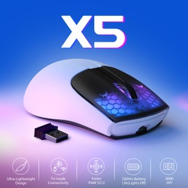 ATTACK SHARK X5 Ultra-leichte kabellose Gaming-Mäuse 49g,Tri-Mode Kabelgebunden/2.4G/BT5.0,PAW3312 PixArt Optischer Sensor,bis zu 4000DPI,RGB mit langer Batterielebensdauer für Büro/Spiel-Schwarz Weiß