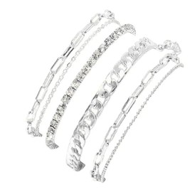 Kysin Chiys 4PCS Set Ankle Bracelets Set for Women Sparkling Crystal Boho Beach Bracelet Chain Adjustable Jewelry for Women Extremely Simple Style - Silver