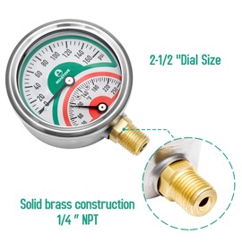 Roastove Tridicator, Thermo-Manometer, 2-1/2", Silicone Oil Filled, 0-160psi/30-250 deg F, Stainless Steel Case, 1/4" NPT Lower Mount Pressure Gauge