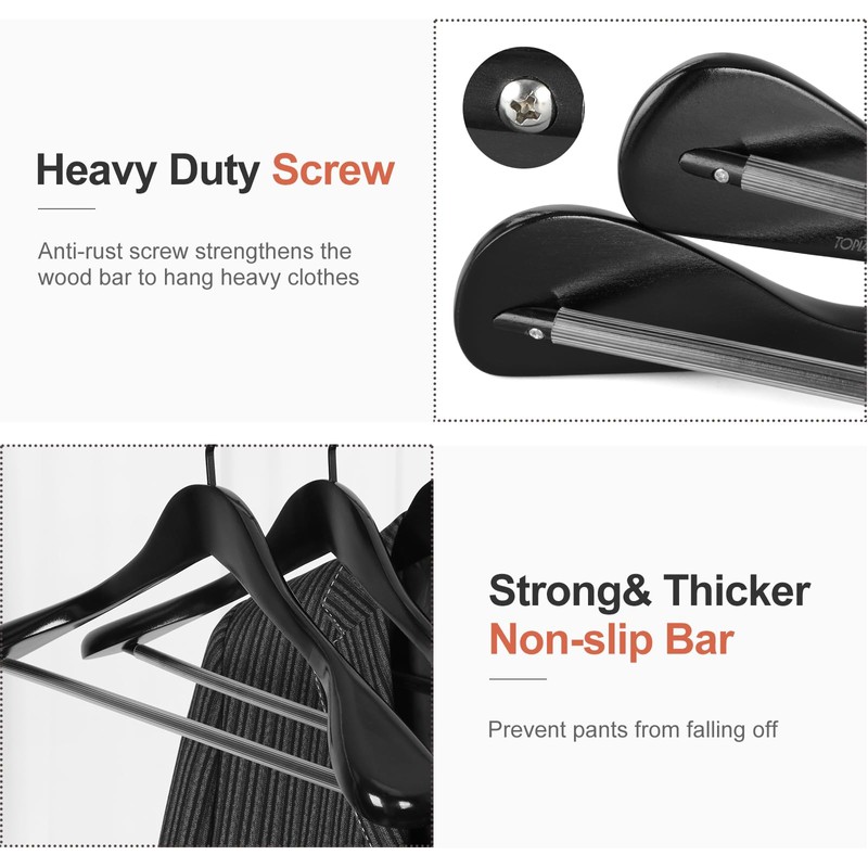 TOPIA HANGER Black Wooden Coat Hanger 6 Pack, Wide Shoulder