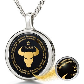 925 Sterling Silver Taurus Necklace Zodiac Pendant Star Sign Birthdays 20th April to 20th May Jewelry Inscribed in 24k Gold on Black Onyx Gemstone, 18" Rolo Chain