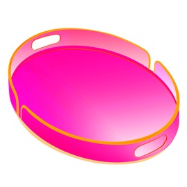 Acrylic Serving Tray with Handles Large Decorative Ottoman Tray 17x13'' Round for Bathroom Food Coffee Fruit Snack Tea Dinner Living Room, Neon Pink
