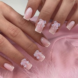 Viugex 24Pcs Nude Pink Press on Nails Short Square, French White Tip False Nails, 3D Crystal Bow Design Fake Nail, Removable Acrylic Full Cover Stick on Nails for Women Daily Holiday Wedding Wear