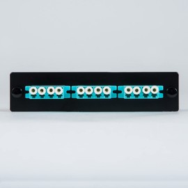 ICC Classic LC-LC Fiber Optic LGX Compatible Adapter Panel with 3 x LC Aqua Multimode Quad Adapters for 12 Fibers - High-Performance and Reliable Fiber Connectivity Solution