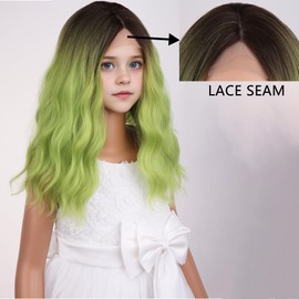 WTHCOS Green Wig for Kids Girls Short Lace Seam Curly Wavy Heat Resistant Synthetic Wigs for Daily Use With Wig Cap(Green Ombre)