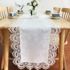 BrekSdat Rectangle Table Runner White Embroidered Lace 16 x 70 Inches Wedding Dining Table Dresser Scarf with Carnation Lace Fabric Washable for Coffee End