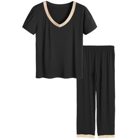 Latuza Women's Petite Pajama Pants Set Short Sleeve Sleepwear S Black