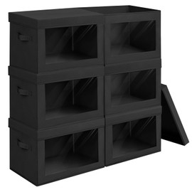 Homsorout Stackable Storage Bins with Lids - Storage Baskets with Lids, Foldable Storage Bins, Wardrobe Clothes Organizer with Window, Cubes Storage Bins for Bedroom, Office, 6 Pack, Black