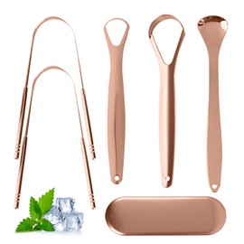 GUDREN Limpiador De Lengua Acero Inoxidable, Set De 5 Limpiador De Lengua Con Estuche De Metal, Perfecto Para El Aliento Fresco Y El Cuidado Bucal (dorado rosa)