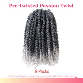 The BOHOBABE Pre-twisted Passion Twist Crochet Hair 10 Inch Short Ombre Gray Pre-looped Crochet Passion Twist Braiding Hair 8 Packs (T1B/grey)