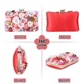 Fecialy Women's Floral Evening Handbags Colorful Rhinestone Clutch Purses Floral Bride Wedding Handbag Chain Shoulder Bag, Red, Small