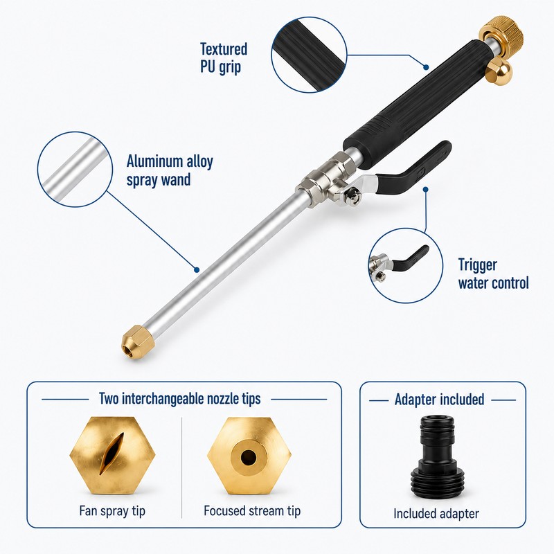 Garden Hose Spray Wand with Trigger, Fan and Jet Nozzle