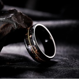 King Will 8mm Tungsten Wedding Rings for Men Rose Gold Meteorite Inlay Black Plated Hammered Men's Wedding Band Gifts for Him Size 7-14 Comfort Fit丨Galaxy Collection 10