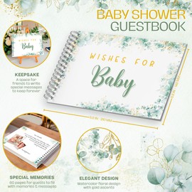 Baby Shower Guest Book – Floral Watercolour Design with Gold Accents | 60 Pages for Guest Messages, Memories & Photos | A5 Keepsake Album for Mum-to-Be Celebration