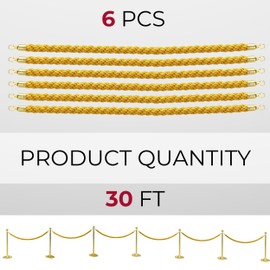 6PCS Gold Braided Rope - 5FT Elegant Rope for Stanchion Barrier VIP Events Crowd Control Safety Divider for Red Carpet Weddings Parties and Special Occasions Durable and Stylish Design