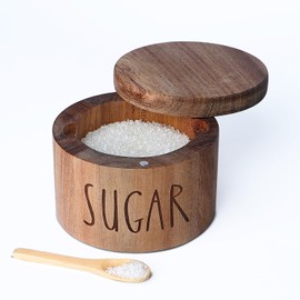 Acacia Wood Spice Box with Swivel Lid and Built-in Spoon for Kitchen Countertop,Farmhouse Kitchen Decoror for Storing Salt, Peppers, Sugar or Seasonings (Labeled “SUGAR”)