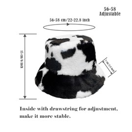 Yonchic Winter Soft Faux Fur Plush Bucket Hat, Milk Cow Pattern Fisherman Cap, Fluffy Outdoor Warm Hat for Women (Black)