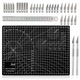 OMJMYY Schneidematte A4 Cutting Mat Schwarz Doppelseitiges Gitte Selbstheilend Schneideunterlage mit Stahllineal Ersatzklingen für Basteln Nähen Patchworken Malen