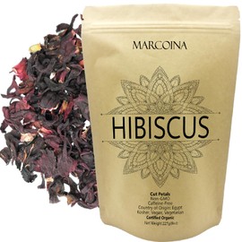 Organic Hibiscus Flowers Herbal Loose Tea by Marcoina - Cut Petals, 227g in Resealable Bag, Caffeine-Free from Egypt - Perfect for Hot or Cold Brew Tea - Known as Hibiscus sabdariffa. - 8oz.