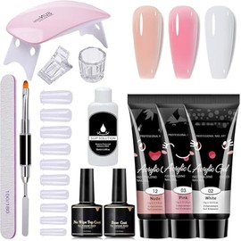 Kit de Uñas de Gel Polygel Completo, Con Lámpara UV, 3 Colores Extensión de Uñas, Base y Top Coat, Herramientas de Manicura y Pinceles - Set Profesion