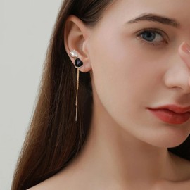 Sonateomber Double Heart Dangle Drop Gold Long Chain Tassel Earrings for Women, Valentine Statement Black Love Enamel Rhinestone Fringe Dangling Wedding Prom Fashion Jewelry Gift.