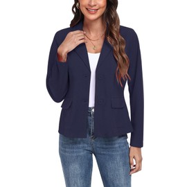 YOUNIFIZ Women's Long Sleeve Blazer Button Front Notched Lapel Jacket Casual Work Office Blazers with Pockets, Navy Blue