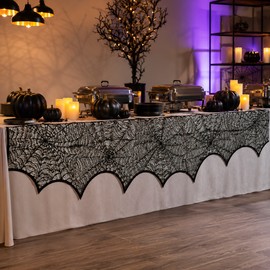 Halloween Black Lace Spiderweb Mantel Scarf - 18x96 Inch Fireplace Decor Cover for Spooky Party and Home Displays