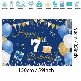 Happy 7th Birthday Backdrop Party Decoration Banner for Boy/Girl Happy 7 Years Old Fabric Sign Poster, Blue Photography Background Seventh Birthday Party Supplies, 150cm x 90cm