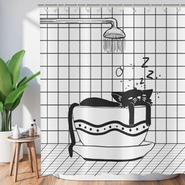 ASDCXZ Funny Shower Curtain 180x200 cm, Modern Black White Bathroom Funny Cat Sleep Washable Bath Shower Curtains Polyester Textile Waterproof Shower Curtain for Bathtub with 12 Hooks
