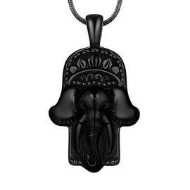 Hamsa Hand Necklace for Men - Hamsa Hand Elephant Necklace Mens 316L Stainless Steel Animal Elephants Pendant Black Gun Plated Hip-hop Fatima Hand Jewelry Amulet Protection Gift SP0043B