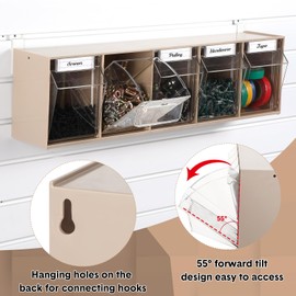 Memorywuu 5 Tilt Out Storage Bins for Slatwall Plastic Tip Out Bin with Metal Hooks and Labels Wall Mount Slatwall Hanging Storage Containers for Garage Workbench Home (23.6 x 6.5 x 5.2 Inches)