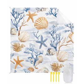 LBDecor Beach Blanket Sandproof Oversized 83" x 79" Summer Ocean Shell Starfish Waterproof Quick Drying Sand Free Mat Blue Coral Picnic Blankets for Outdoor Travel Camping Hiking Park