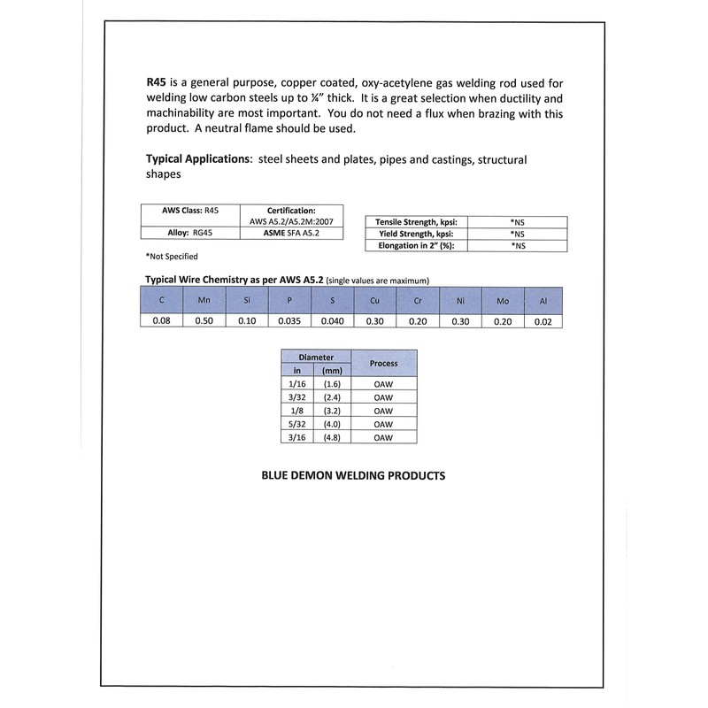 Blue Demon RG45 X 3/32 X 36" X 1LBTube Oxy-Acetylene