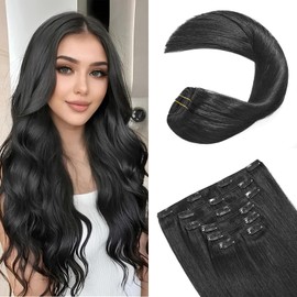 FoxFace Clip in Hair Extensions Real Human Hair,Natural Black 120g 7pcs 20 Inch,Remy Human Hair Extensions Seamless Clip ins for Women