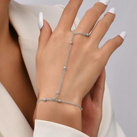 Stocking Stuffers for Teens Ring Bracelet Hand Chain Gold Hand Chain Bracelet for Women Trendy Silver Finger Ring Bracelet Hand Chain Bead Bracelet Jewelry Harness Bracelet Hand Jewelry for Women (Silver)