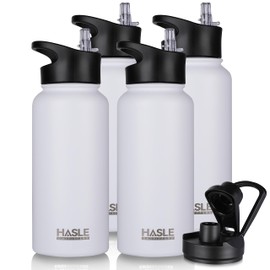 HASLE OUTFITTERS 32 oz Insulated Water Bottle Stainless Steel Double Walled Vacuum Sports Water Bottle with 2 Lids (Straw and Spout Lid) for Gym Camping Hiking(White,4)