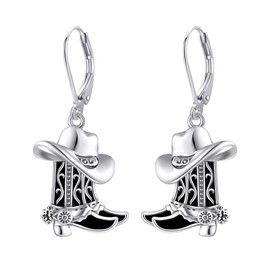 URONE Cowgirl Cowboy Earrings 925 Sterling Silver Cowboy Boot Hat Earrings with Black Onyx Country Western Earrings Jewelry for Women Men