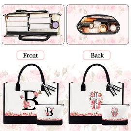 BDANTUMBLER Christian Gifts for Women, Initial B Christian Tote Bag with Makeup Bag, Inspirational, Faith, Religious, Spiritual, Birthday Gifts for Women