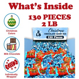 Christmas Chocolate Candy Mix, 2 lb Bulk, ReesePeanut Butter Caramel Cups, Hershey Cookies and Cream Snowman Kisses, Individually Wrapped Blue Christmas Chocolate Treats Candy for Stocking Stuffers