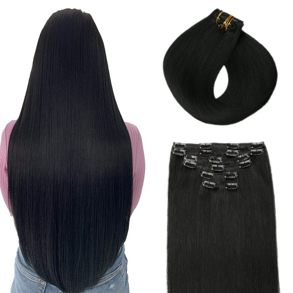 SURNEL Clip-In Hair Extensions, Natural Black, 50 cm, 120 g, 6 Pieces, Clip-In Hair Extensions, Real Hair, Straight Remy Hair Clip in Hair Extensions, 20 Inches (#1B-20 Inches)