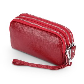 FORRICA Women's Wallet Genuine Leather Multifunction Large Capacity Clutch Bag Phone Purse Zipper Coin Purse Ladies Long Wristlet Wallets Red