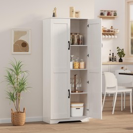 IDEALHOUSE Tall Pantry, 60" Kitchen Pantry Storage Cabinet with 2 Doors and Adjustable Shelves, Freestanding Kitchen Cabinet, Cupboard for Dining Room, Bathroom, Living Room, White