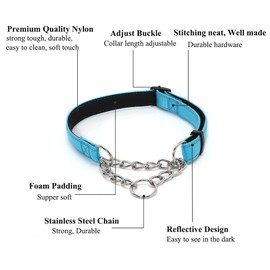 Martingale Dog Collars, Reflective Nylon Soft Padded Dog Training Collar Half-Check Stainless Steel Chain Anti-Escape No Pull Dog Choker Collar, Limited Chain Cinch Collar for Small Medium Large Dogs