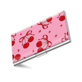 Business Card Holder, Stainless Steel Card Case, Metal Men's and Women's Business Card Case, Cute Buckle Style Card Holder, Wallet Credit ID Case for Office Pink Red Cherries