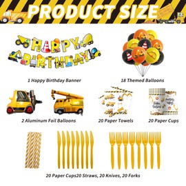 189 Pcs Construction Birthday Party Supplies, Construction Party Decorations Including Construction Backdrops, Tablecloths, Balloons, Tableware And Other Supplies, For 20 People